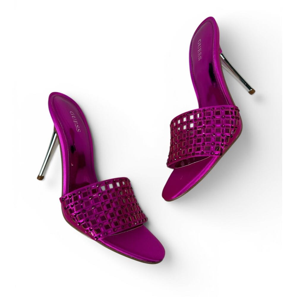 Guess Mably Pink Crystal Mule Heels Womens 8 Fuchsia‎ Stiletto Sandals Slip On